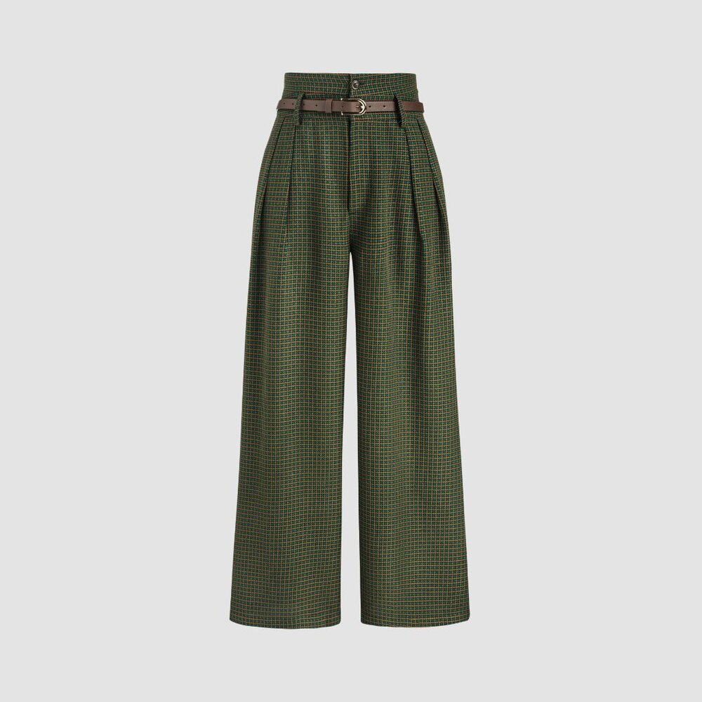 CIDER Houndstooth High Waist Belted Wide Leg Trousers | Green Plaid Pants